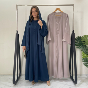 Ensemble Abaya pour femmes en polyester bleu marine à ourlet évasé, manches longues, hijab inclus - Vêtement modeste pour l'été, à porter au quotidien, léger et respirant - Product Image 1