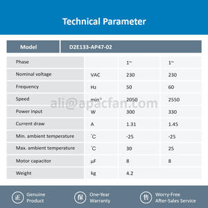 Ventilador Centrífugo de Doble Entrada para Gabinete Inverter D2E146-AP47-02, 230 VCA, 300 W, 2050 RPM, 1.31 A, Rodamiento de Bolas OEM, Equipo Médico - Product Image 3