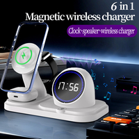 Station de charge sans fil magnétique 6 en 1 avec horloge et haut-parleur, support de charge rapide 15W pour iPhone, Apple Watch, AirPods