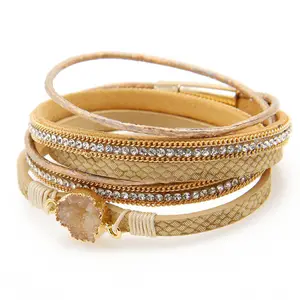 Pulsera envolvente de cuero bohemio 2024, pulseras hechas a mano, pulsera de cuentas de cristal con cierre magnético para mujer