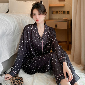 Pyjamas de haute qualité 2024, pyjama élégant pour femme, noir, luxueux, manches longues, ensemble mignon, pyjamas Mujer, imprimé satin de soie, chemises de nuit pour femmes - Product Image 6