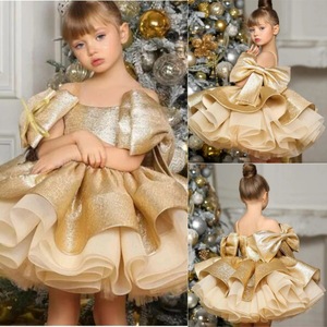Nouvelle Robe de Princesse Élégante en Satin Doré pour Bébé Fille, Idéale pour le Premier Anniversaire et les Fêtes, en Polyester, pour l'Exportation - Product Image 3