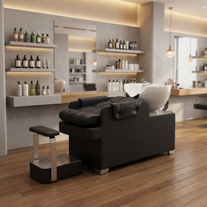 Fauteuil de lavage moderne pour salon de coiffure avec bac à shampoing intégré, réglable et confortable en cuir PU - Product Image 1
