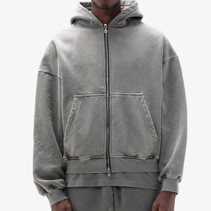 Sudadera con capucha <span class=keywords><strong>gris</strong></span> <span class=keywords><strong>claro</strong></span> con cremallera para hombre con bolsillos delanteros Jersey informal de ajuste relajado Sudadera con cremallera estilo lavado vintage Sudaderas con capucha personalizadas - Product Image 1