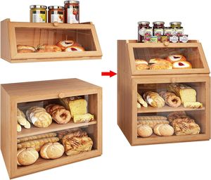 Separable bamboo and wood double layer large bread box, easy to assemble, large capacity, with transparent Windows bread box