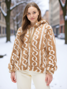 Veste à capuche en fausse fourrure à motif géométrique, fermeture éclair, chaude, décontractée, coupe ample, pour femme - Product Image 2