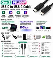 Cable USB C a USB C LUNG KAY de 100W, 10Gbps USB 3.2 Gen 2, 5A PD, Carga Rápida, Cable TPE para Laptop, SSD, Auriculares VR