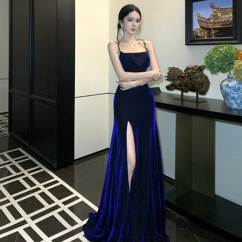 green emerald velvet dress Blue Tulle Long Prom Dress, A-Line Spaghetti Strap Graduation Party Dr main image 1