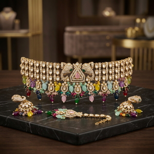 Conjunto nupcial chapado en oro: Collar choker, pendientes colgantes y tikka étnico de circonita. Última tendencia para bodas, compromisos y aniversarios. - Product Image 2