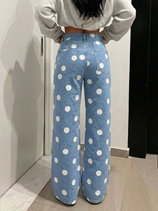 Jeans da <span class=keywords><strong>Donna</strong></span> a Vita Alta Traspiranti Estivi Casual in Denim a Gamba Larga con Stampa a Pois Semplice e alla Moda, <span class=keywords><strong>Pantaloni</strong></span> Lavati - Product Image 2