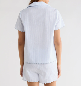 Ensemble pyjama femme printemps-été, haut à manches courtes avec nœud et short, deux pièces, vêtements de maison, rayures, bord festonné, coton, vêtements de nuit - Product Image 3