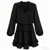 Robe courte mini personnalisée en acrylique et mousseline, à manches longues, style décontracté d'été, avec col noué, volants superposés, coupe trapèze, pour invitée de mariage, à pois et crochetée