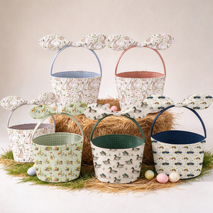 Panier de Pâques en toile pour tout-petits, imprimé <span class=keywords><strong>canard</strong></span>, seau en tissu personnalisé avec oreilles de lapin et nœud, pour la collecte des œufs de Pâques - Product Image 5