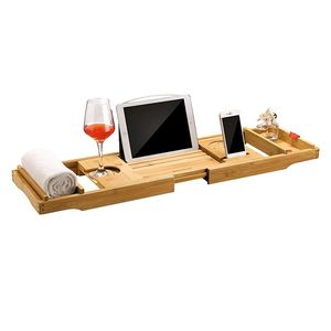 Customization Bathroom Bamboo Stretchable Non Slip Multi Functional Storage Bracket Bath Barrel Rack Bathtub Tray