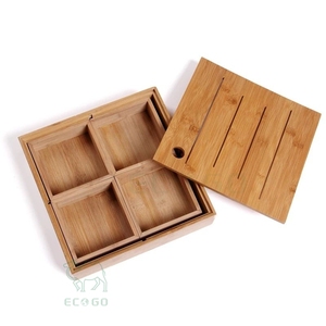 Eco-Friendly Natural Bamboo 4-Compartment <b>Snack</b> <b>Tray</b> with Lacquered Finish Divided Wooden Serving Platter for Party Appetizers - Product Image 3