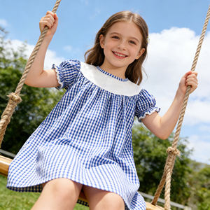 Robe à carreaux bleue pour filles avec col Peter Pan blanc, manches courtes à volants, robe décontractée d'été pour enfants - Product Image 4