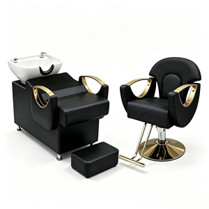 Ensemble de fauteuil de barbier moderne et station de lavage pour salon, en cuir noir, hydraulique et inclinable, pour le lavage des cheveux en salon de coiffure - Product Image 1