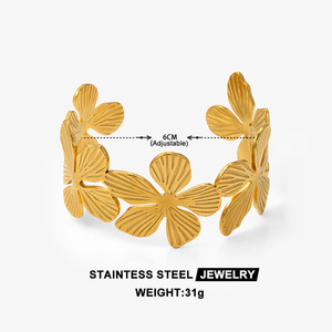 New Arrival 18K Gold Plated Statement Flower Bracelets Stainless Steel Chunky Flower Cuff <b>Bangle</b> for Women - Product Image 6