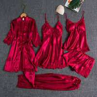 Conjunto de 5 Piezas de Ropa de Dormir de Seda de Hielo para Mujer, Lencería Sexy, Bata Delgada de Manga Larga, Tallas Grandes, Ropa para el Hogar