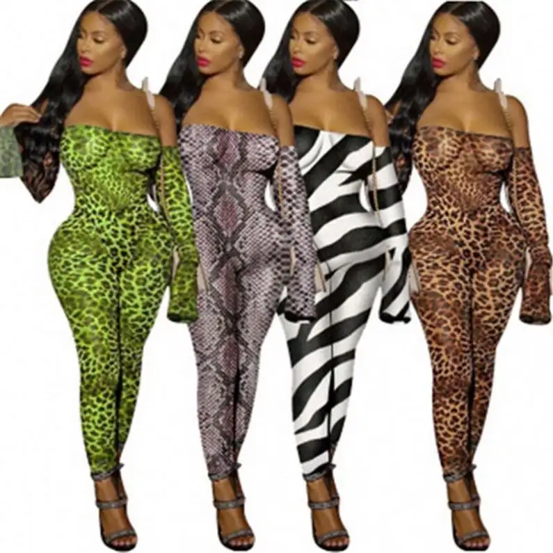 Fashion plus size sexy women jumpsuits club wear off shoulder see through leopard print mesh jumpsuit R1097