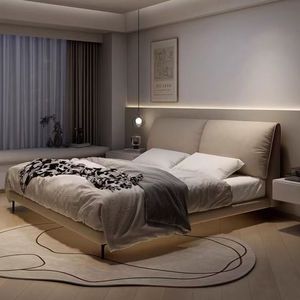 Leather <b>Bed</b> Modern Minimalist Master Bedroom <b>Bed</b> With Storage Space Genuine Leather Frosted Finish Low Box Design - Product Image 2