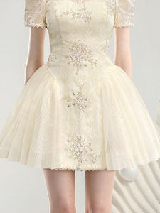 مأدبة مسائية قبالة الكتف قصيرة وصيفة الشرف شبكة فستان صغير أنيق فستان الأميرة الدانتيل قطع القوس فستان على شكل خط - Product Image 4