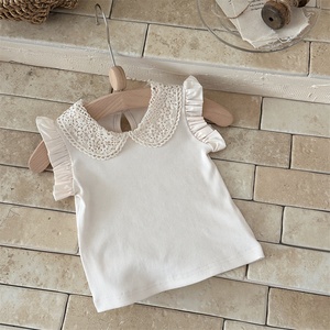 Chemise à manches courtes à col rond et à volants en dentelle, mélange de coton, haut d'été décontracté pour les tout-petits, les filles - Product Image 4