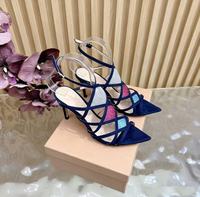 Sandales pour femmes en cuir véritable à talon aiguille, bout pointu, avec boucle de créateur, strass et lanières croisées à la cheville, semelle extérieure en caoutchouc