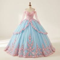 Robe de bal Quinceañera longue en tulle bouffant, épaules dénudées, manches longues, appliques florales 3D, peplum à volants, robe de princesse