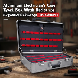 Boîte à outils d'électricien en aluminium avec bandes rouges pour un rangement et un transport organisés - Product Image 3