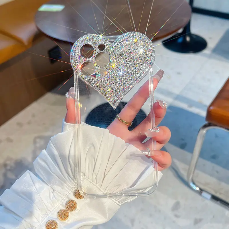 Luxury Bling Jewelry Love Heart Shaped TPU Diamond Girls Phone Case For Iphone 14 11 12 13 Pro Max