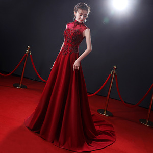 Red Ball Gown Evening Dress High Neck Burgundy Organza Satin Wedding Formal Long Style - Product Image 2