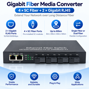 Convertisseur de média fibre optique Gigabit 4 ports avec 2 ports Ethernet RJ45, ports fibre optique SC fixes 3-80 km, commutateur fibre optique monomode - Product Image 1