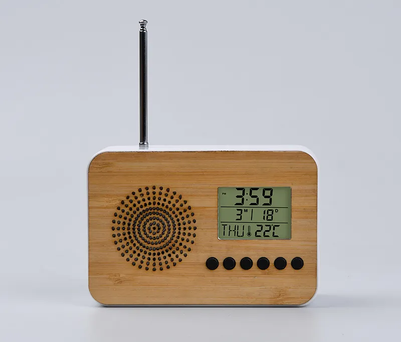 New Design Home Decor Bamboo TOP FM Radio LCD Clock Alarm Clock