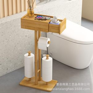 Bamboo Toilet <b>Paper</b> Holder Freestanding With Storage Space Minimalist Design Rectangular Shape Varnish Finish - Product Image 2
