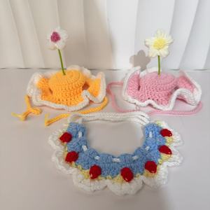 Hand Hook Knitted Pet Bib With Flower Decor <b>For</b> <b>Cats</b> Dogs Four Seasons Use - Product Image 1