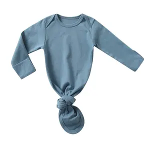 Wholesale 3M-18M Knitted Woven Baby Knotted Solid Color Blue Bamboo Knotted Baby Gown For Unisex