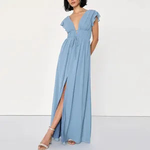 Kleidungsstück individuelle Damenkleider hellblau rüschen kurze Ärmel Maxi-Kleider lässig V-Ausschnitt Damen chiffon-Kleid