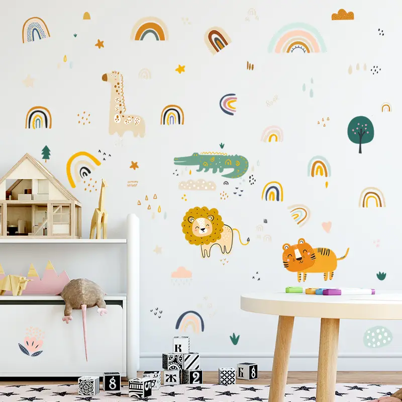 Cartoon Rainbow Animals Wall Stickers Kids Room Decoration Baby Nursery Bedroom Living Room Home Decorations Nursery Stickers