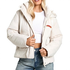 Puffer <b>Jacket</b> Embroidered Logo Zipper Closure Casual Winter Coat Short Loose Fit Unisex - Product Image 1