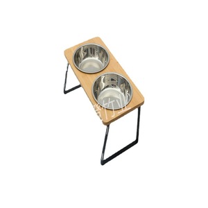 Bamboo Pet Bowl Rack Elevated For <b>Cats</b> Dual Stainless Steel Bowls With Wooden <b>Top</b> And Metal Legs FJDC41 - Product Image 4