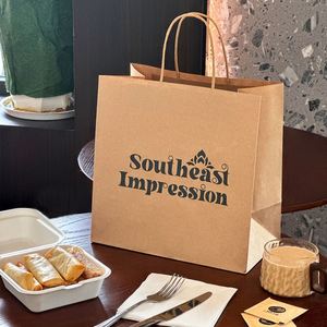 ถุงกระดาษบรรจุภัณฑ์อาหารร้านอาหารแบบใช้แล้วทิ้ง ย่อยสลายได้ รีไซเคิลได้ เป็นมิตรกับสิ่งแวดล้อม พิมพ์โลโก้ได้ พร้อมหูหิ้วแบบเกลียว - Product Image 6