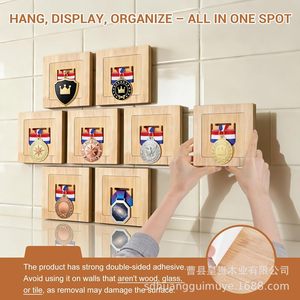 Wooden Square Medal <b>Display</b> Rack <b>Wall</b> Mounted Gold Badge Storage Living Room Collection Organizer Desktop Organization - Product Image 4