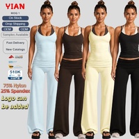 Ensemble de yoga 2 pièces : Débardeur double couche à fines bretelles et pantalon évasé taille haute pliable, 75% Nylon 25% Spandex, Tenue d'entraînement