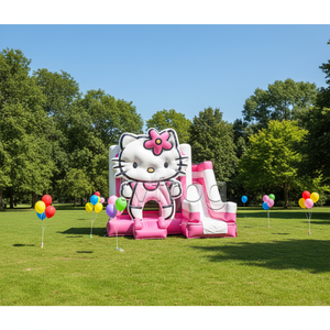 Nuevo Diseño para Alquiler de Fiestas Brincolín Inflable de Gato de Dibujos Animados Mini Castillo Hinchable Rosa Combo con Tobogán para Niños - Product Image 2