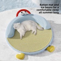 Tapis rafraîchissant double face pour animaux de compagnie, motif crabe de dessin animé mignon, avec oreiller de soutien cervical en U en rotin tressé, coussin de couchage d'été pour chats et chiens