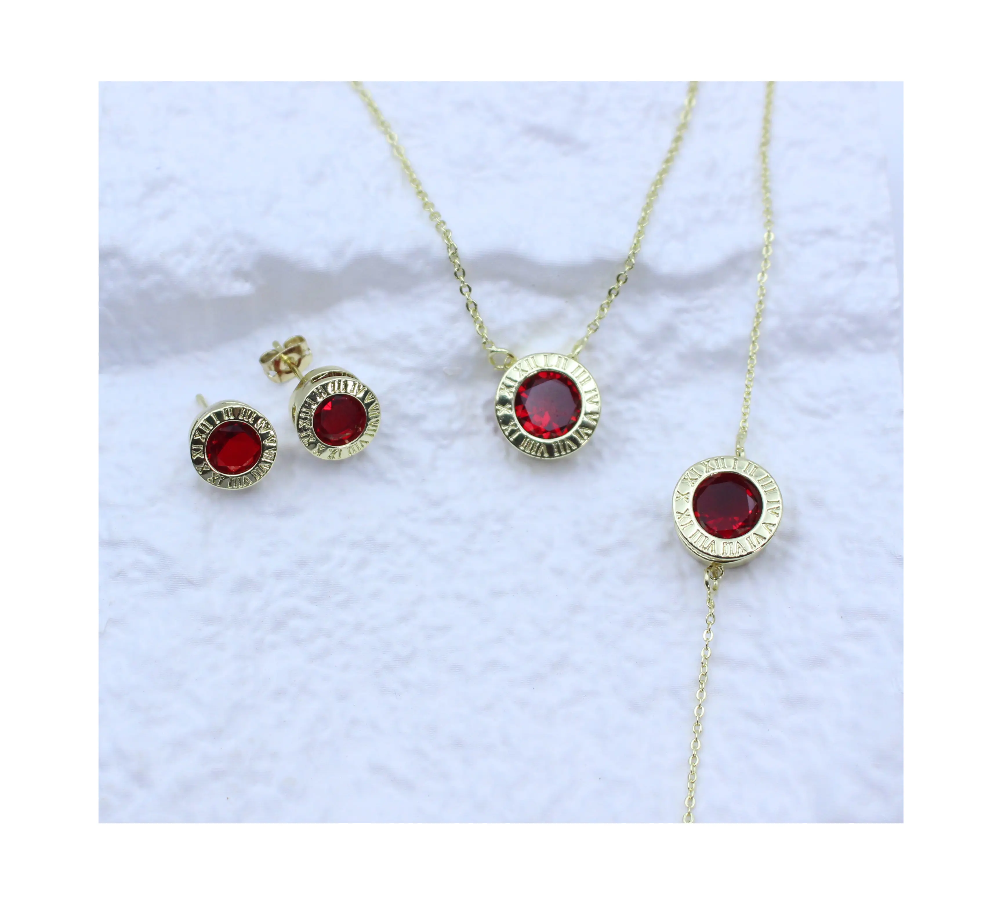 14k Gold Copper red zircon fashion wedding jewelry sets moroccan bridal three piece branded jewelry set