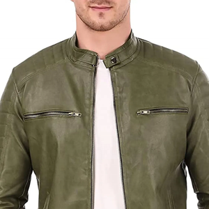 Chaqueta de Cuero Estilo Motero para Hombre, Color Verde Oliva, Cuello Alto, Cierre de Cremallera, Manga Larga, Estilo Biker, Abrigo de Otoño - Product Image 5
