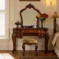 Grande coiffeuse en bois sculpté de style provincial français de 51 pouces avec tabouret et miroir, table de toilette traditionnelle en bois massif pour chambre à coucher