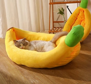 Lit pour chat en forme de banane jaune - Housse amovible douce et luxueuse lavable, maison pour animaux de compagnie multifonctionnelle pour chiens et chats <span class=keywords><strong>Hiver</strong></span> - Product Image 4